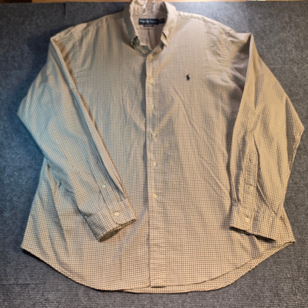 Ralph Lauren Button Down Mens XXL Tan Navy Custom Fit Check Good Tattersall